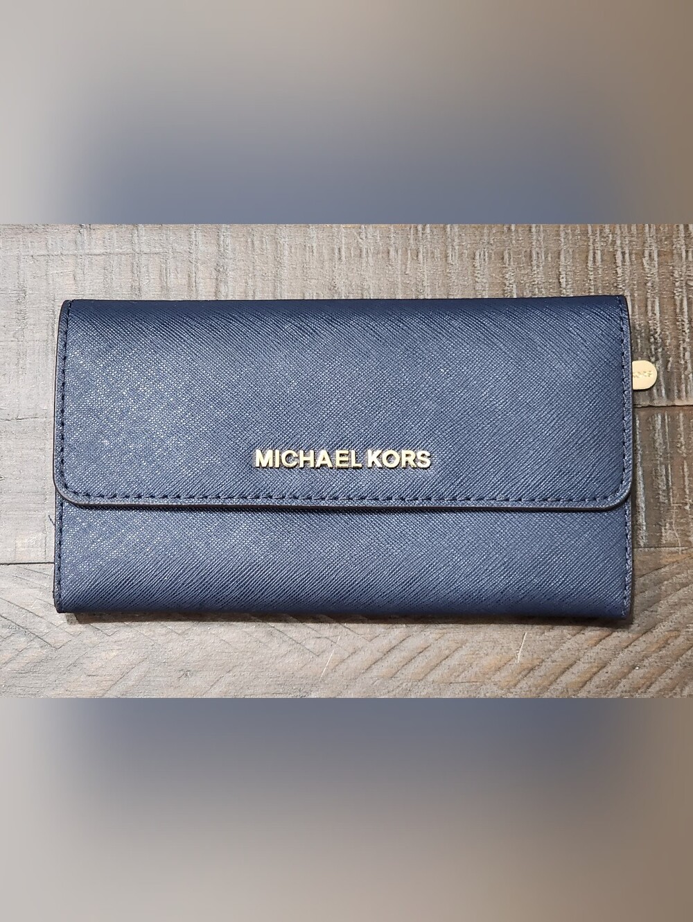 Michael Kors Navy Saffiano Leather Continental Wallet with Gold Logo